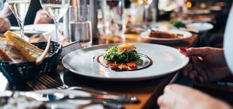 Gourmet meal and white wine